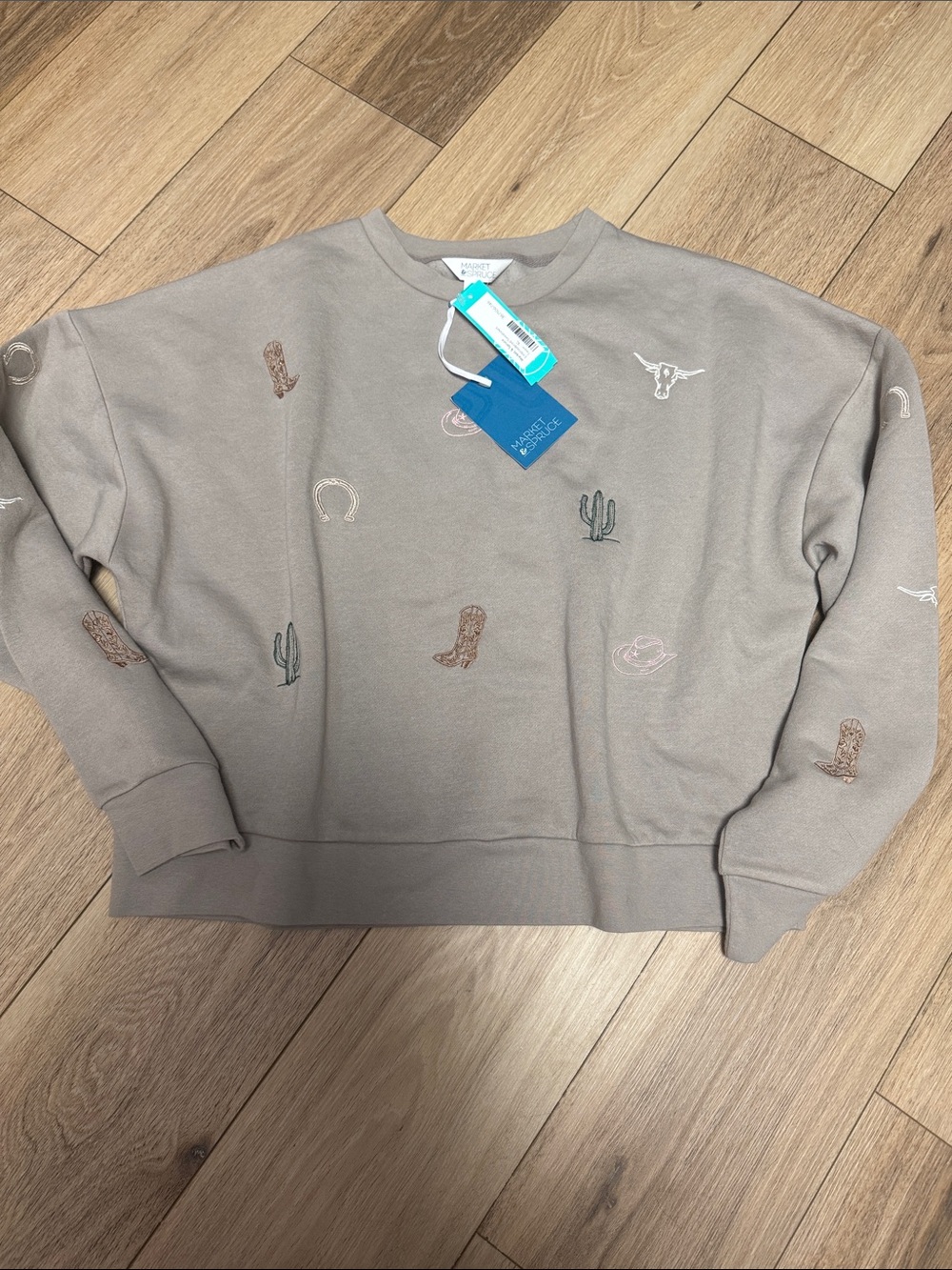 Market & Spruce NWT XL Taupe WESTERN DETAILS Embroidered Crewneck Sweatshirt